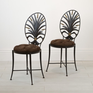 Pair Of Wrought Iron 1960's French 'Wheat' Chairs In Brown Bronze Finish With Distressed Gold Highlights And Marble Top (T7129)