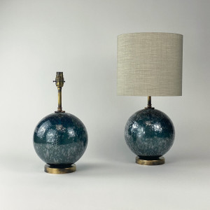 Pair Of Small Blue Bubble Glass 'Ball' Lamps On Antique Brass Bases (T7233)