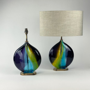 Pair Of Small Multicoloured Rainbow Apple Lamps On Antique Brass Bases (T7237)