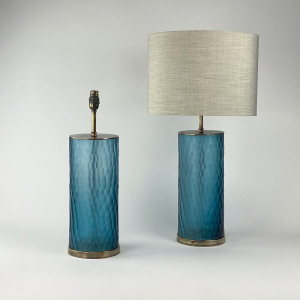 Pair Of Medium Blue Cut Glass Cylinder Lamps On Antique Brass Bases (T7240)