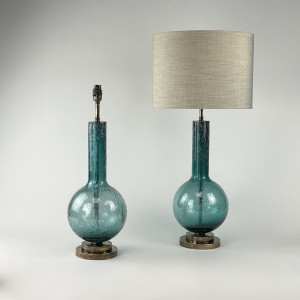 Pair Of Medium Teal Glass 'Bubble' Lamps On Antique Brass Bases (T7252)