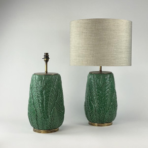 Pair Of Large Green Ceramic Leaf Lamps On Antique Brass Bases (T7256)