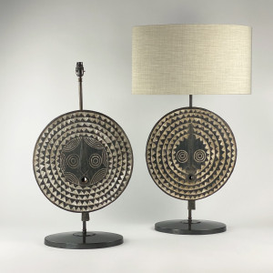 Pair Of Large Brown Wooden African 'Sun God' Lamps On Brown Bronze Bases (T7506)