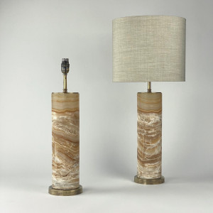 Pair Of Small Brown Onyx Cylinder Lamps On Antique Brass Bases (T7513)