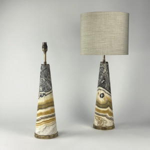 Pair Of Medium Amber And Grey Stripy Onyx Cone Lamps On Antique Brass Bases (T7515)
