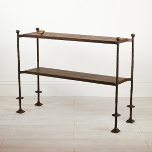'Two Tier' Textured Wrought Iron Console With Brown Bonze Painted Finish And Dark Oak Tops (T7524)