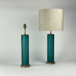 Pair Of Small Blue Cut Glass Cylinder Lamps On Antique Brass Bases (T7534)