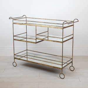 Wrought Iron Drinks Trolley In Distressed Gold Finish With Inset Mirror Tops (T7548)