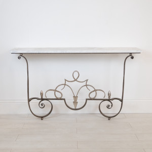 Wrought Iron 1940's Style Console Table In Grey Painted Finish With Distressed Silver Highlights And Marble Top (T7550)