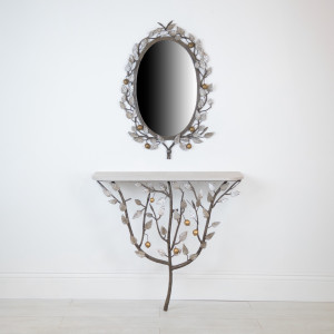 Wrought Iron 'Lemon Tree' Console Table And Mirror With Grey Painted Finish, Silver Highlights And Gold Highlights (T7559)