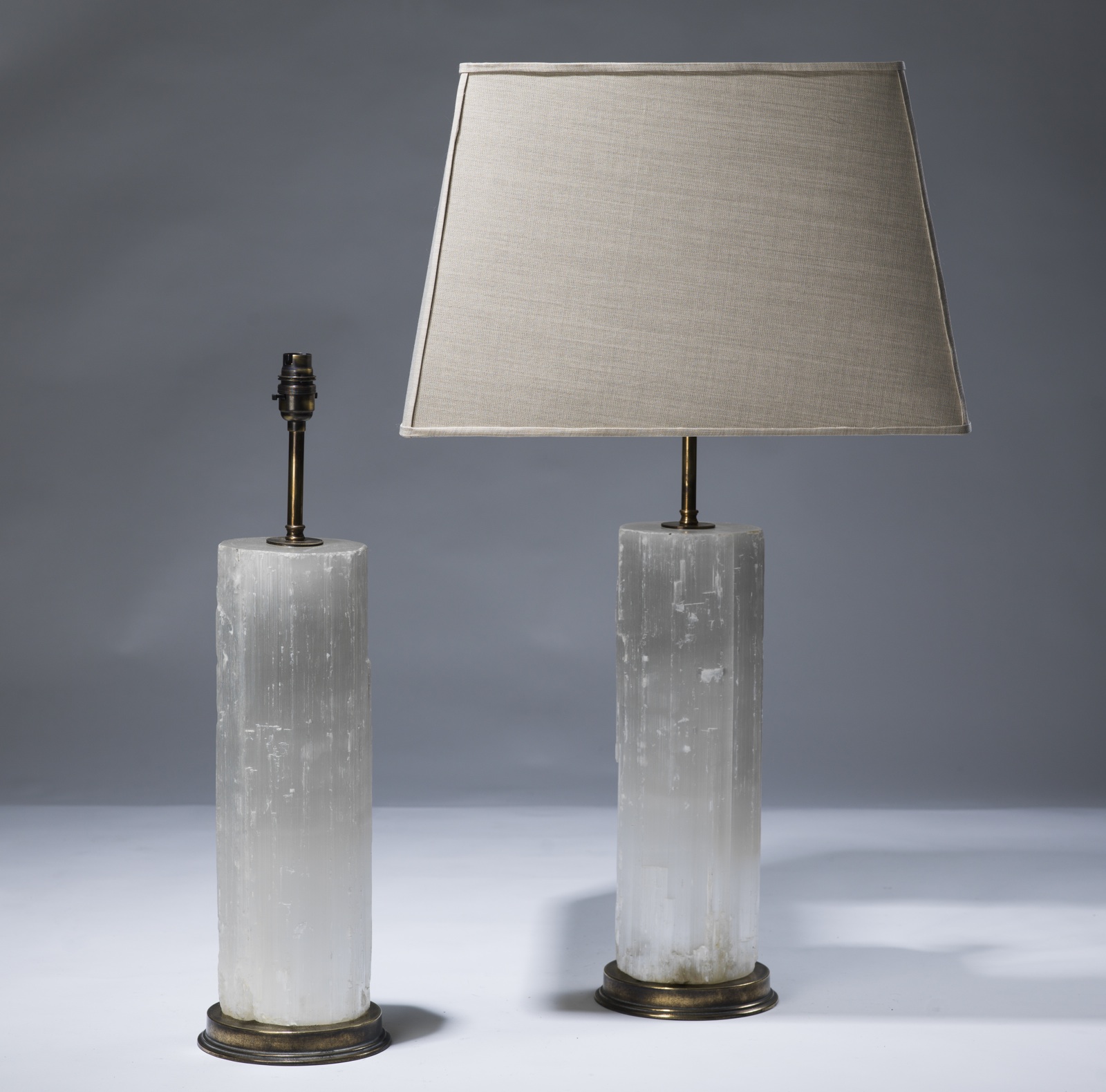 Pair Of Large Clear Selenite Lamps On Distressed Brass Bases T3071