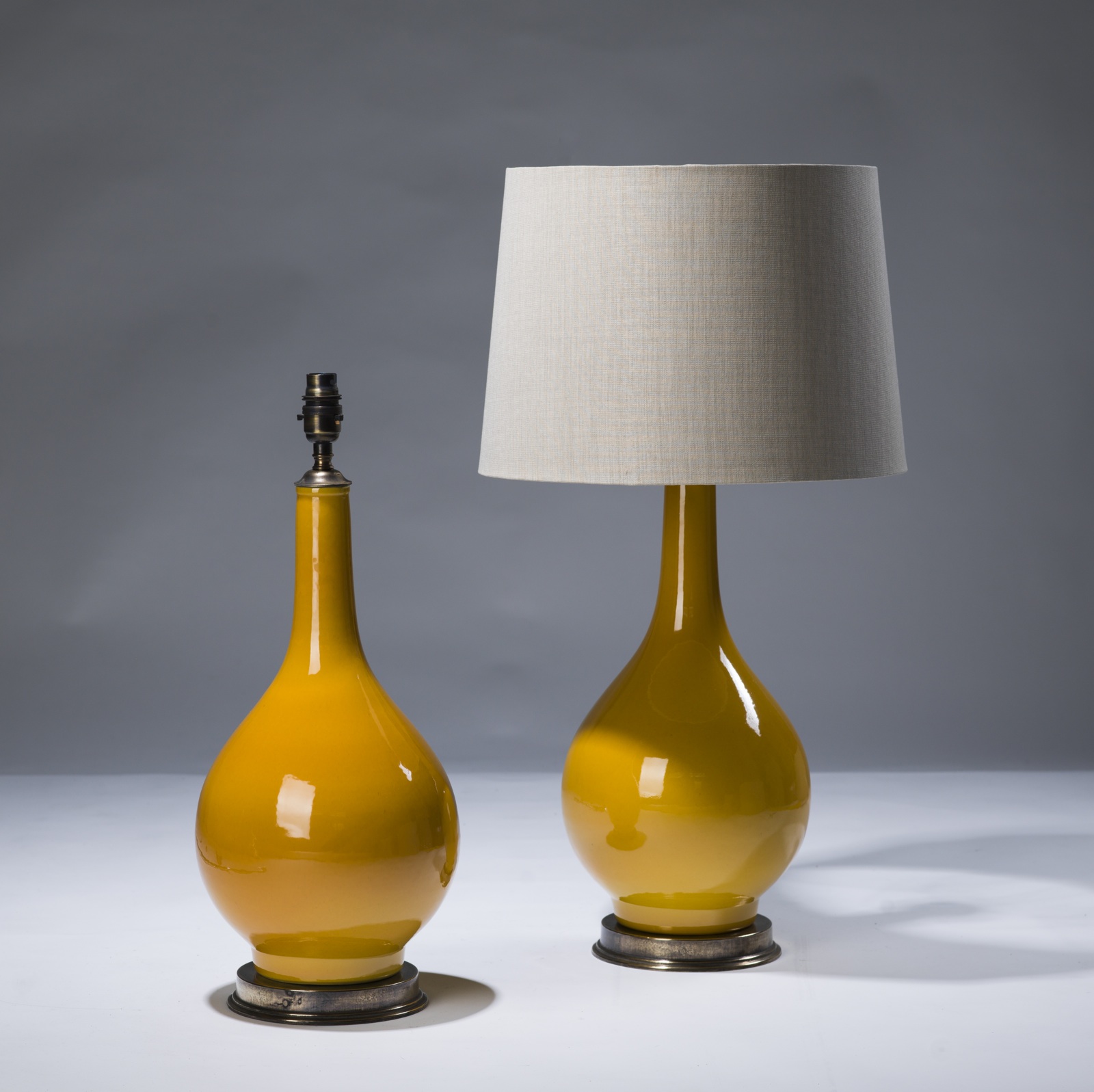 Pair Of Small Yellow Ceramic Lamps On Distressed Brass Bases (T3089