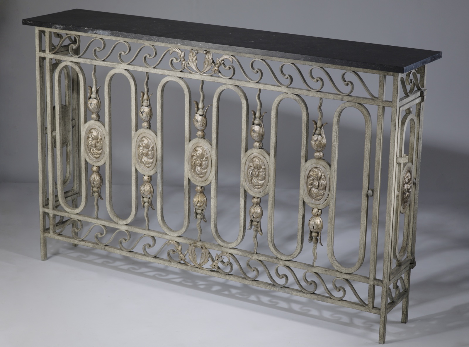 Antique Wrought Iron French Balcony In Warm Grey Gold Paint Finish Antique Wrought Iron French Balcony In Warm Grey Gold Paint Finish With Dark Marble Top