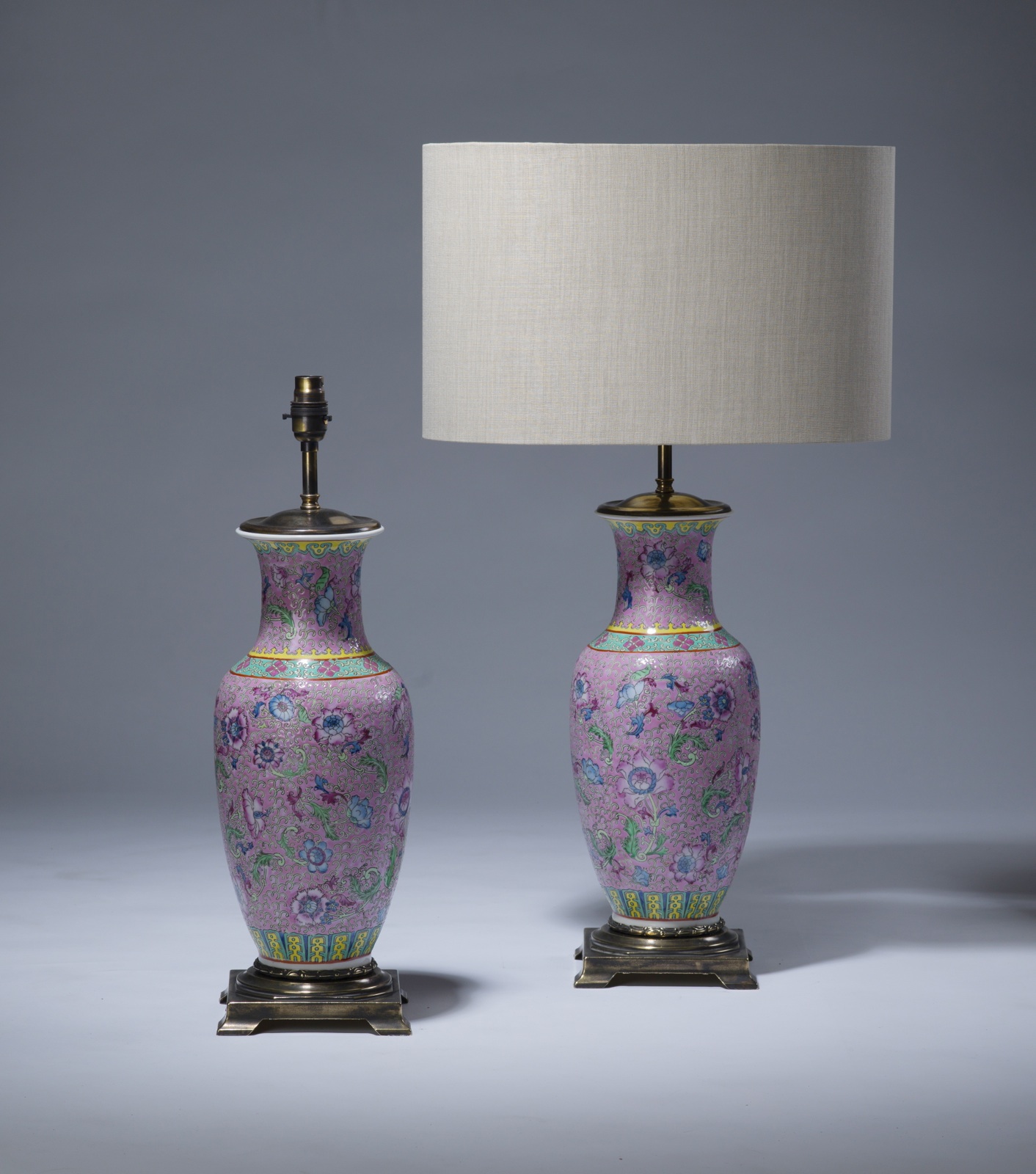 Pair Of C1880 Small Antique Pink Purple Ceramic Lamps On Distressed Pair Of C1880 Small Antique Pink Purple Ceramic Lamps On Distressed Brass Bases