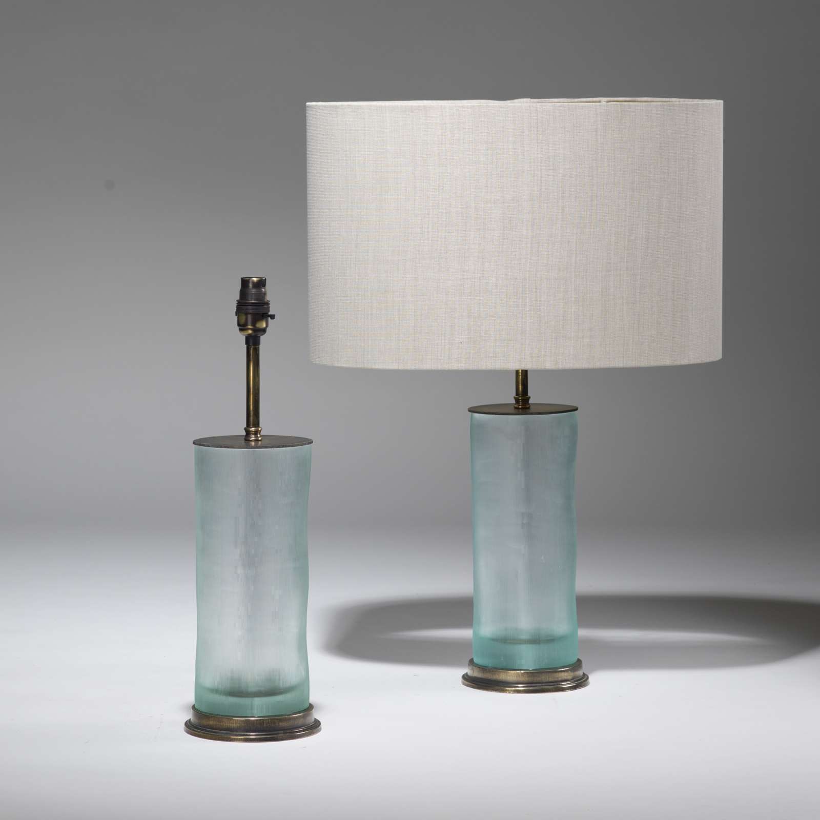 Pair Of Small Ice Blue Cut Glass Lamps On Distressed Brass Bases (T3806) TYSON DECORATIVE