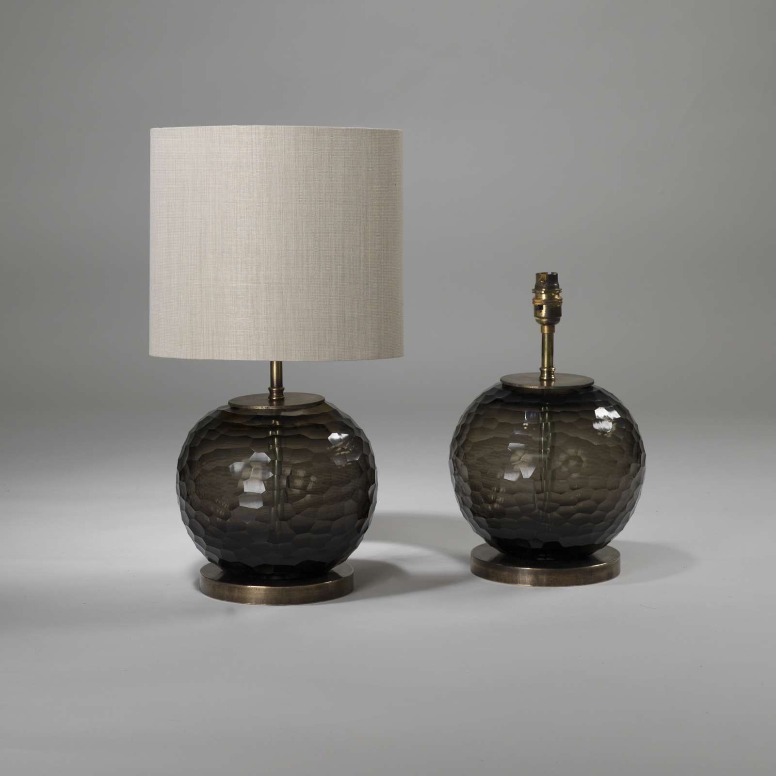 Pair Of Small Smoke Brown Cut Glass Lamps On Brass Bases (T3894