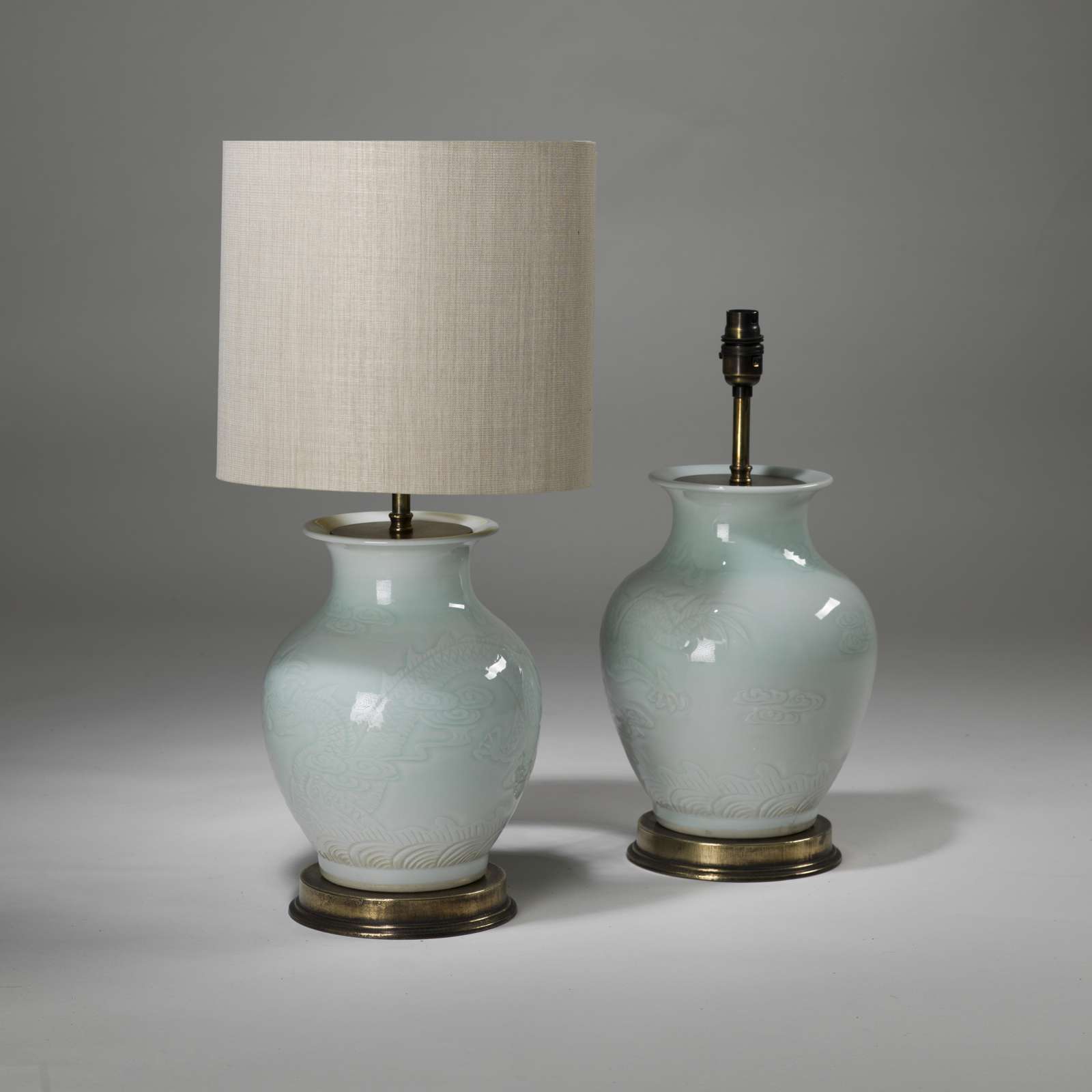 Pair Of Small Blue Green Celadon Ceramic Dragon Lamps On Pair Of Small Blue Green Celadon Ceramic Dragon Lamps On