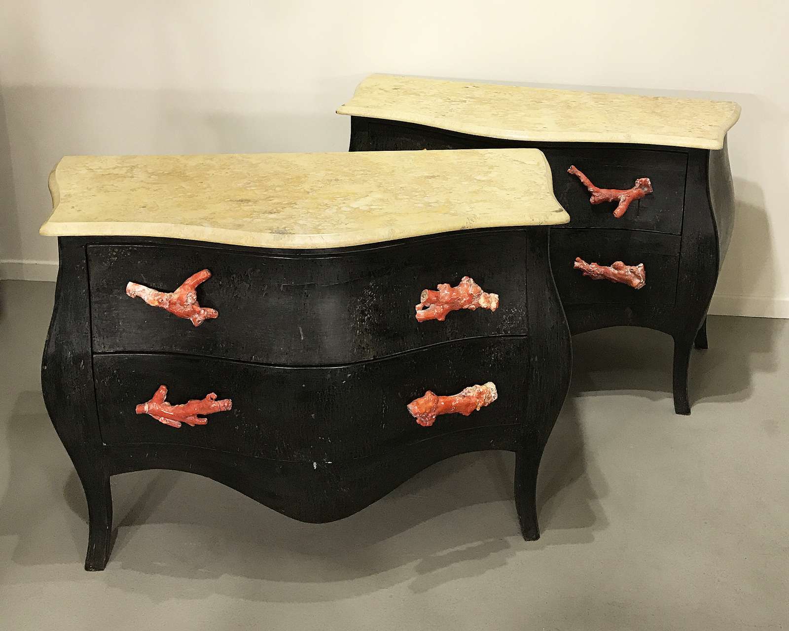 Pair Of Vintage Bombe Chest Of Drawers With Coral Handles T4507