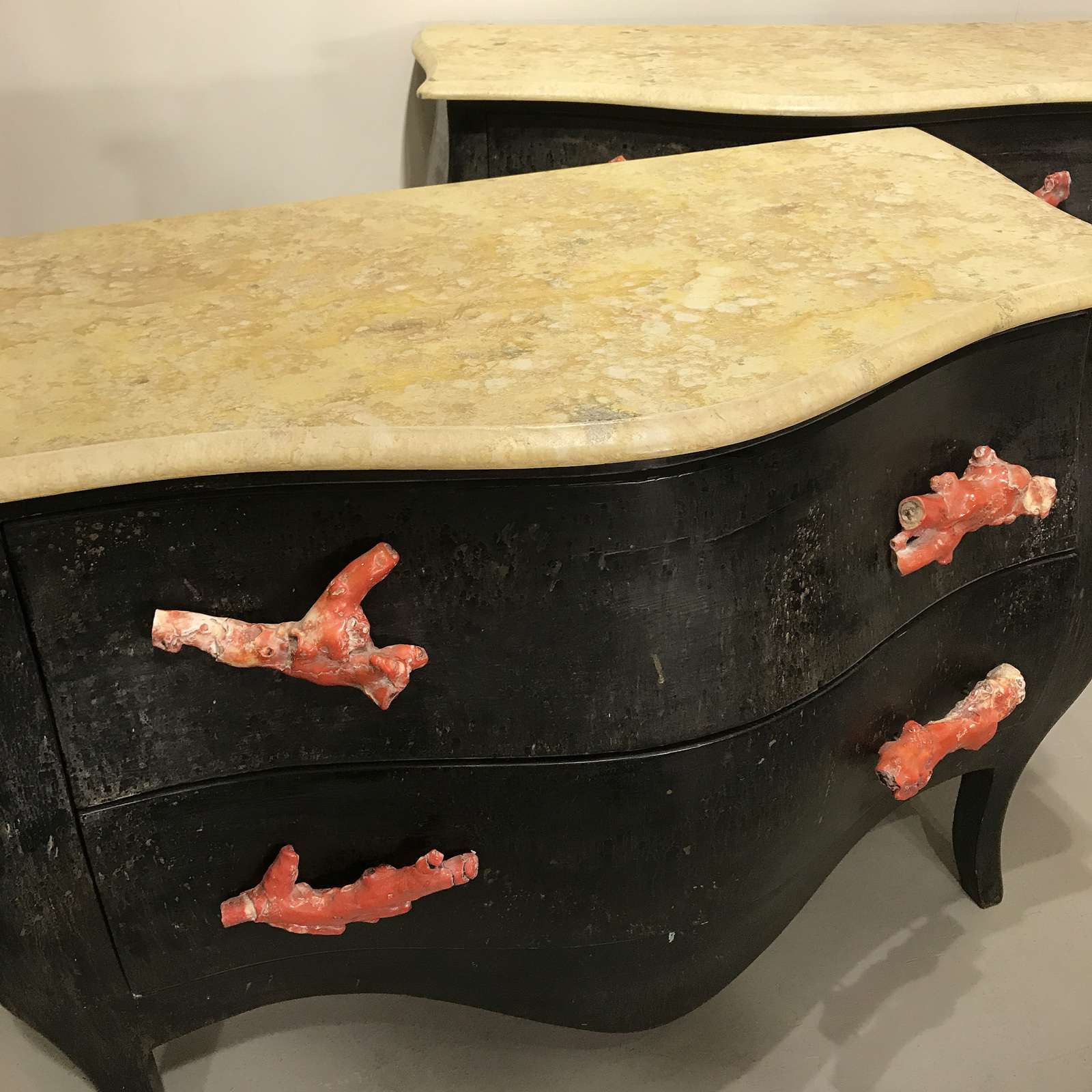 Pair Of Vintage Bombe Chest Of Drawers With Coral Handles T4507