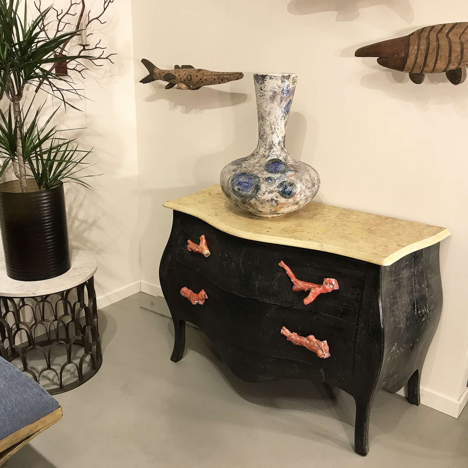 Pair Of Vintage Bombe Chest Of Drawers With Coral Handles T4507