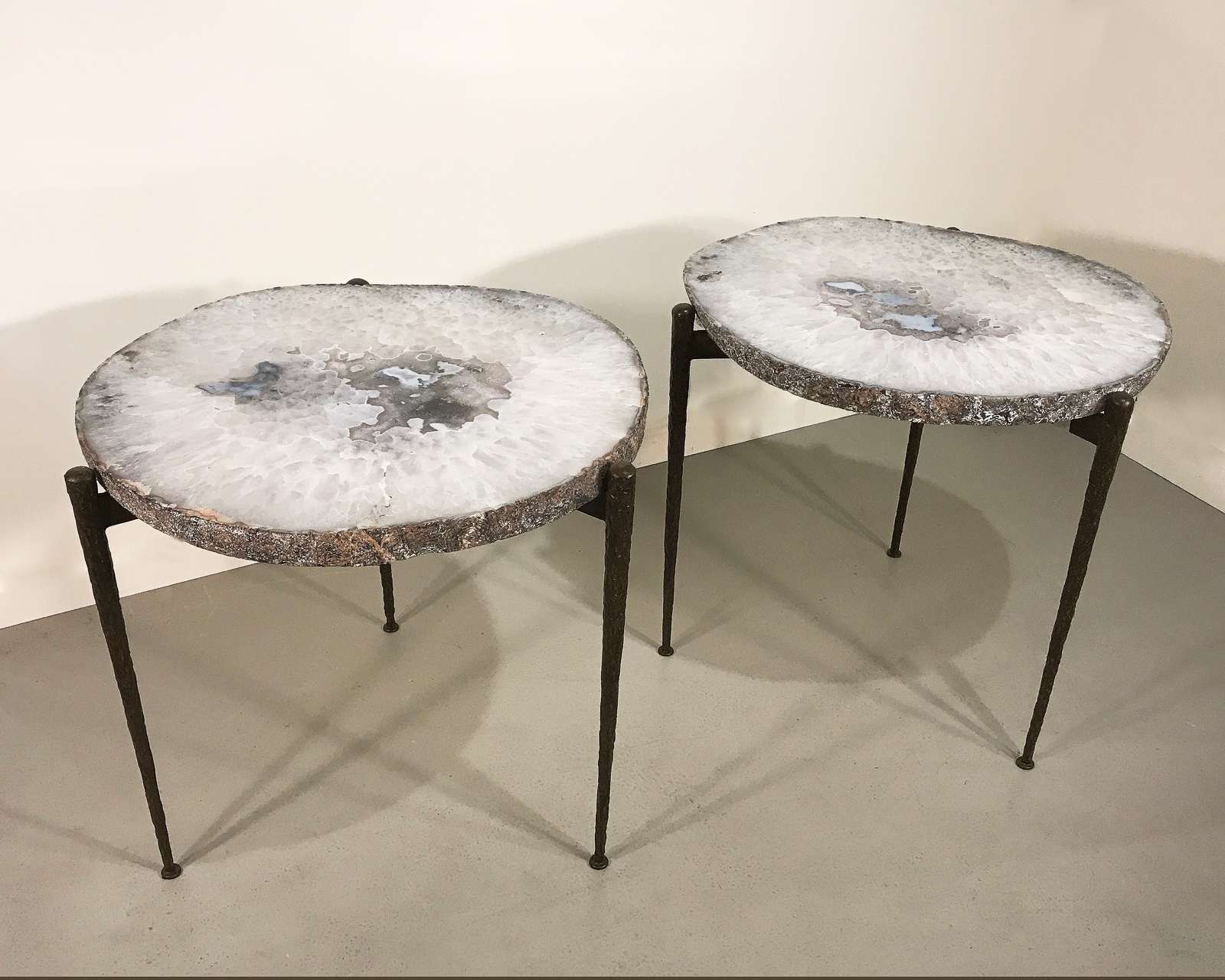Pair Of Massive Agate Slice Side Tables On Wrought Iron Textured