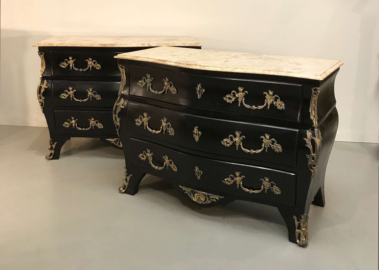Pair Of French Bombe Chest Of Drawers With Bronze Mounts Marble