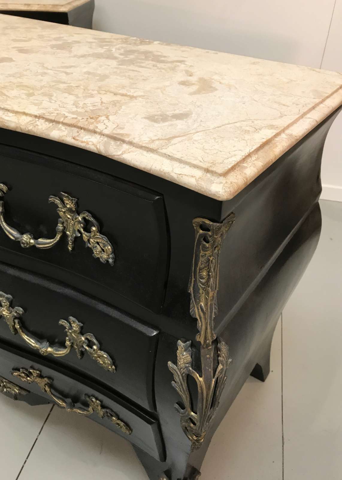 Pair Of French Bombe Chest Of Drawers With Bronze Mounts Marble