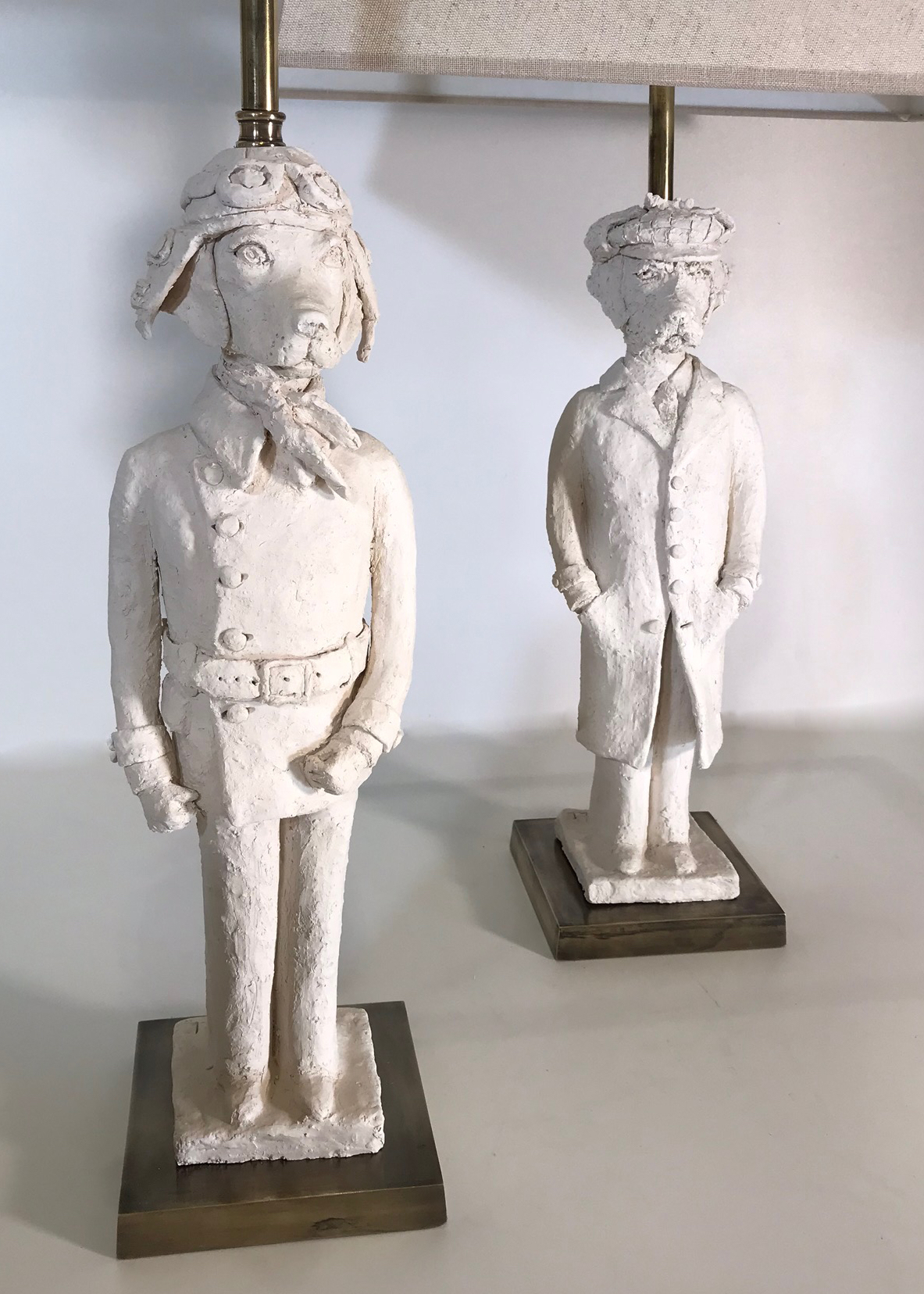 Pair Of Large White Ceramic French Animal Lamps On Antique Brass Bases