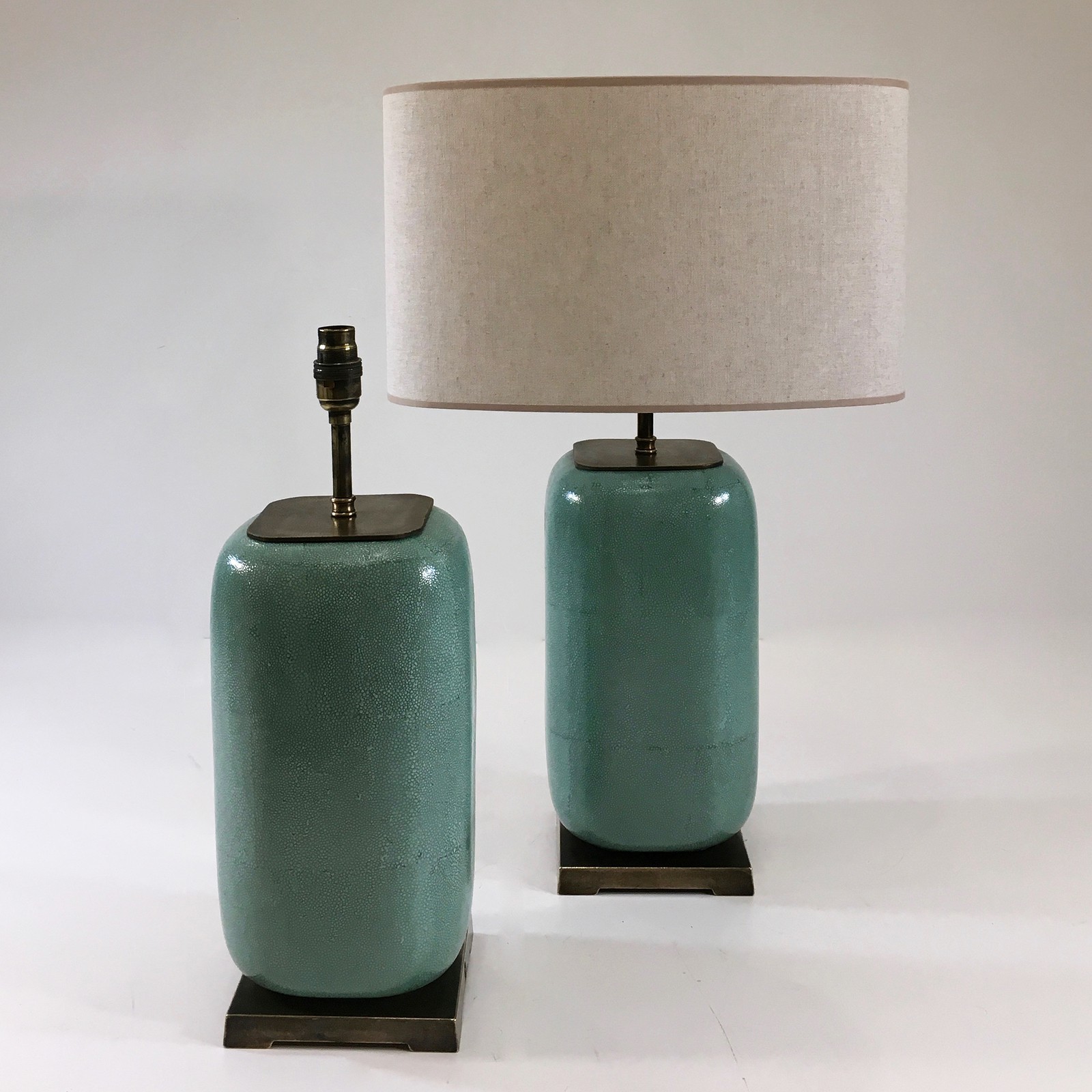 Pair Of Small Mint Green Reen Lamps On Distressed Brass Bases T4819 Tyson Decorative Lighting And Bespoke Furniture Small Mint Green Reen Lamps, Mint Green Lamp Base