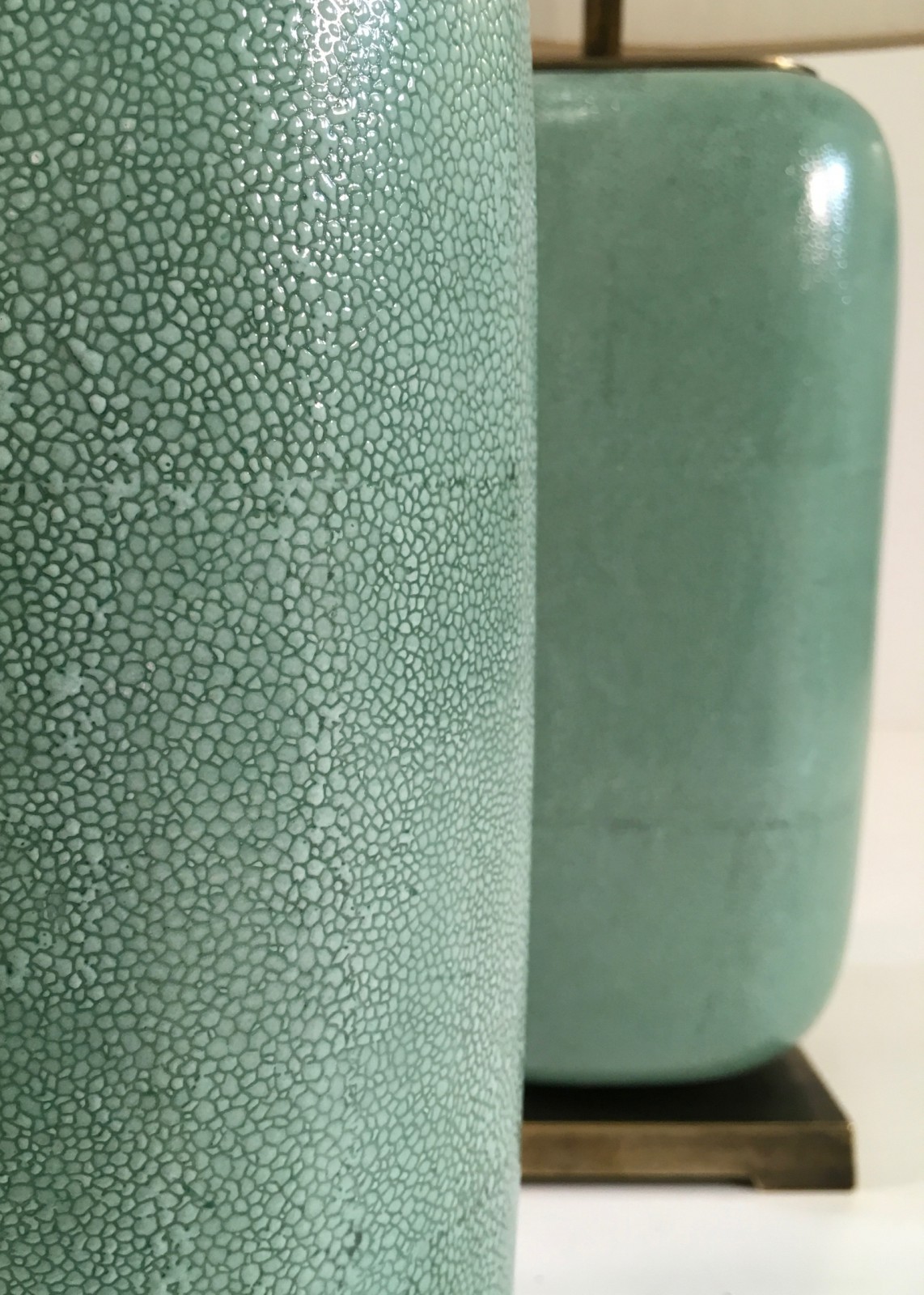 Pair Of Small Mint Green Reen Lamps On Distressed Brass Bases T4819 Tyson Decorative Lighting And Bespoke Furniture Small Mint Green Reen Lamps, Mint Green Lamp Base
