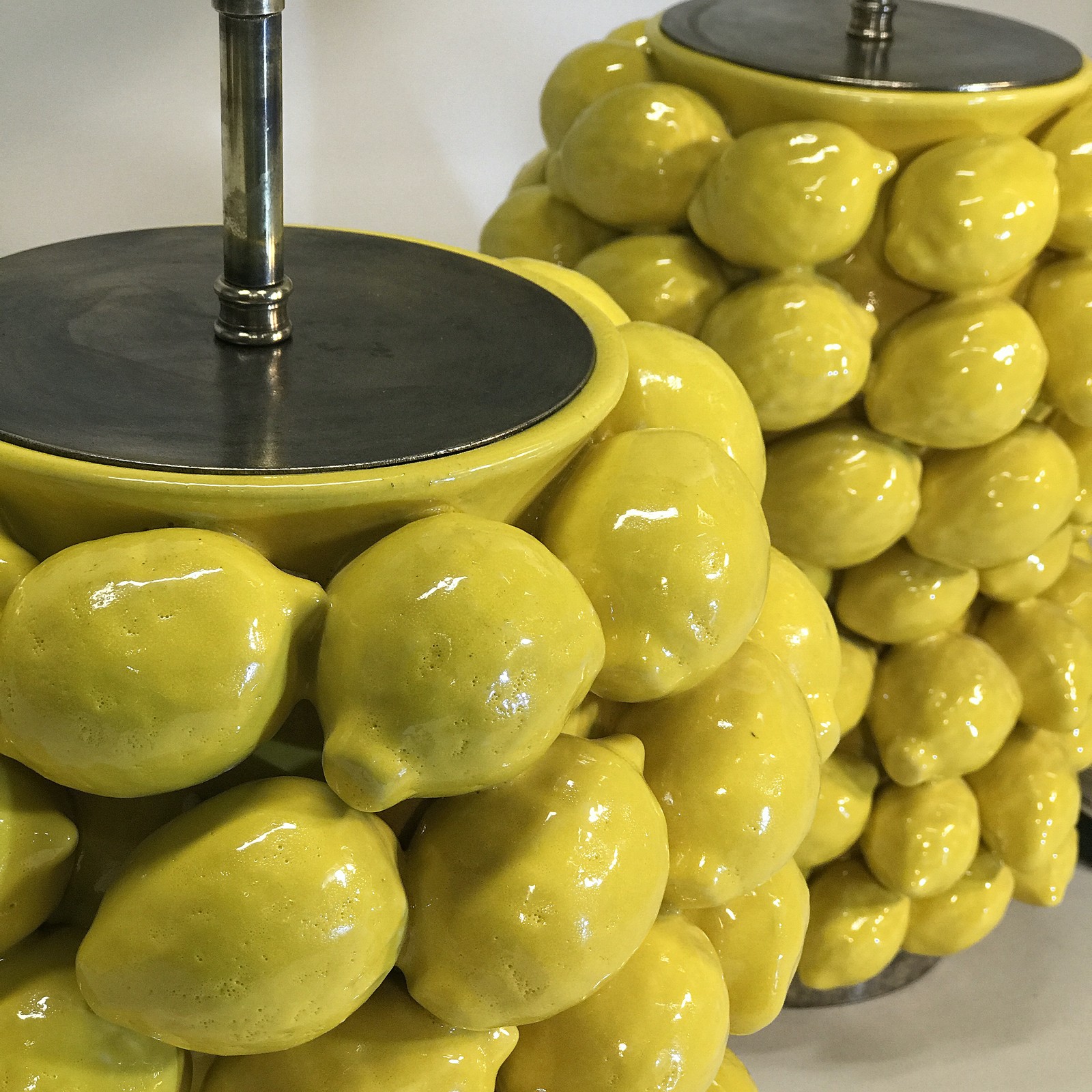 Pair Of Large Yellow Ceramic Lemon Lamps With Antique Brass Bases