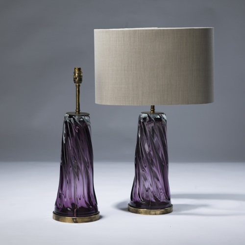 Pair Of Small Purple Swirl Glass Lamps On Distressed Brass Bases