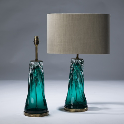 Pair Of Small Green Swirl Glass Lamps On Distressed Brass Bases