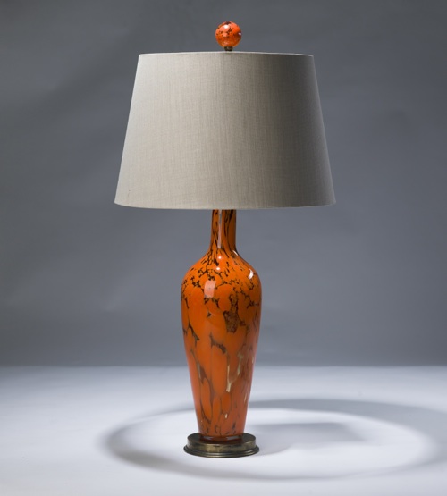 Single Large Orange And Clear Glass Lamp On Distressed Brass Base