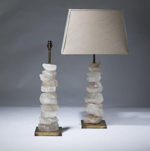 Pair Of Medium Clear Rock Crystal 'chunk' Lamps On Distressed Brass Bases