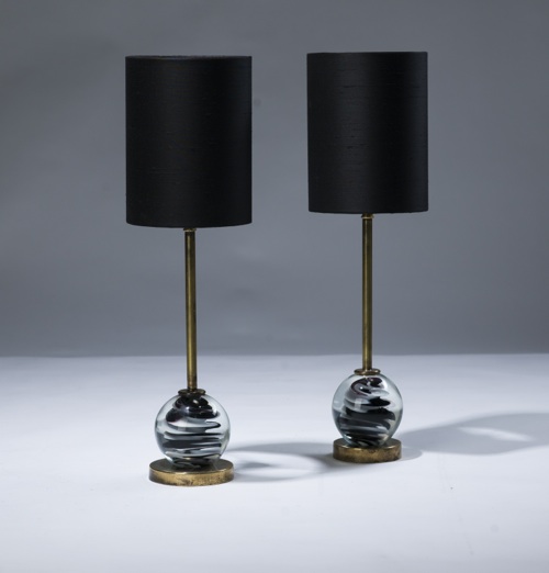 Pair Of Small Black & White Glass 'paperweight' Lamps On Distressed Brass Bases