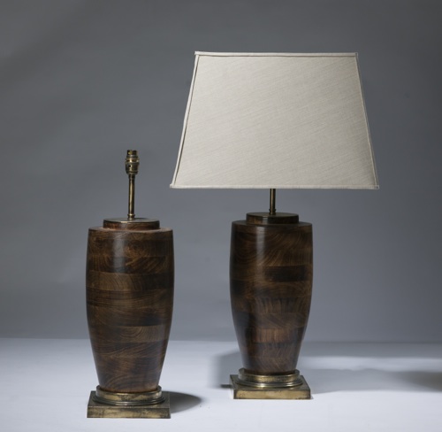 Pair Of Medium Dark Brown Wooden Lamps On Distressed Brass Bases