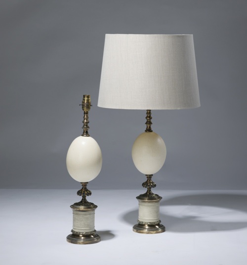 Pair Of Medium Cream Ostrich Egg Lamps On Distressed Brass Bases