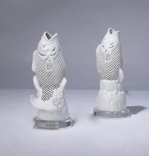 Pair Of Small White Ceramic Fish Lamps On Perspex Bases