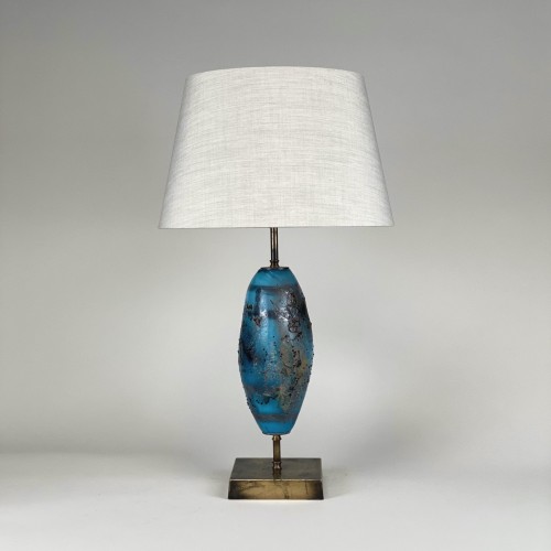 Single Medium Blue Glass 'elliot' Lamp On Distressed Brass Base