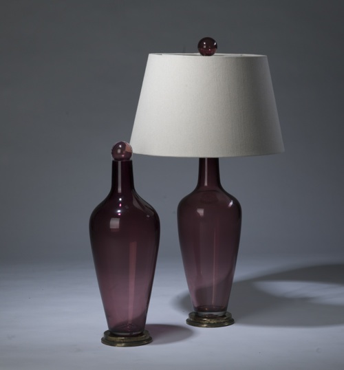 Pair Of Medium Purple Red 'standard' Glass Lamps On Distressed Brass Bases & Matching Finials