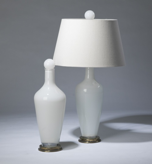 Pair Of Medium White 'standard' Glass Lamps On Distressed Brass Bases