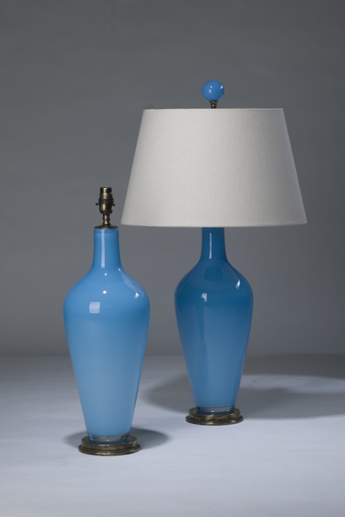 Pair Of Medium Sky Blue 'standard' Glass Lamps On Distressed Brass Bases
