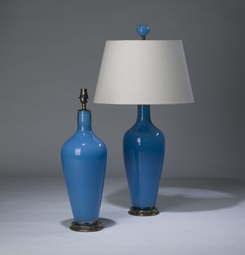 Pair Of Medium Mid Blue 'standard' Glass Lamps On Distressed Brass Bases