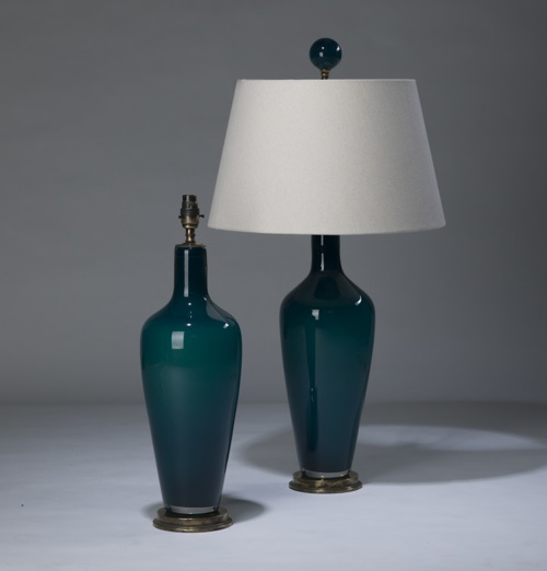 Pair Of Medium Dark Blue Green 'standard' Glass Lamps On Distressed Brass Bases