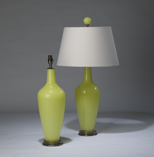 Pair Of Medium Yellow Green 'standard' Glass Lamps On Distressed Brass Bases
