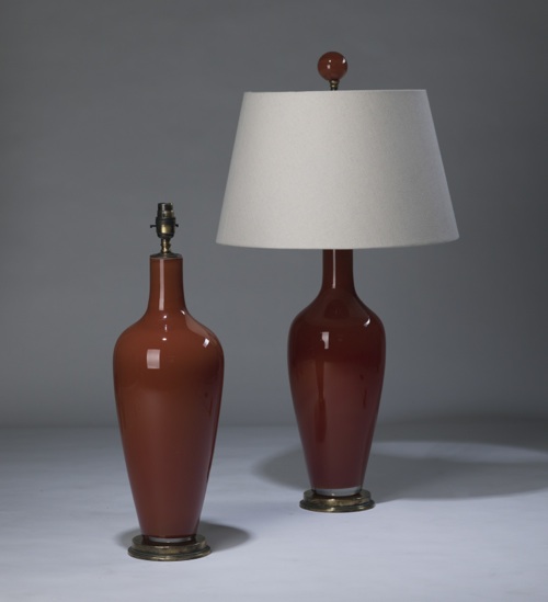 Pair Of Medium Dark Orange Brown 'standard' Glass Lamps On Distressed Brass Bases
