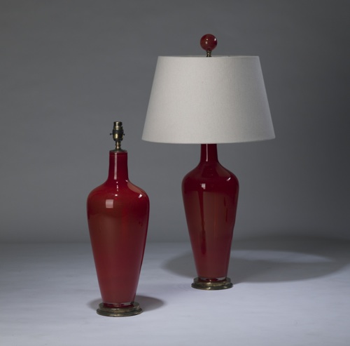 Pair Of Medium Red 'standard' Glass Lamps On Distressed Brass Bases