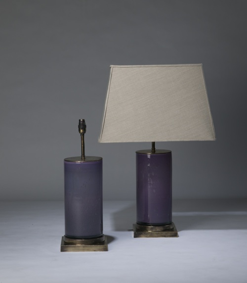 Pair Of Medium Purple 'glass Column' Lamps On Distressed Brass Bases