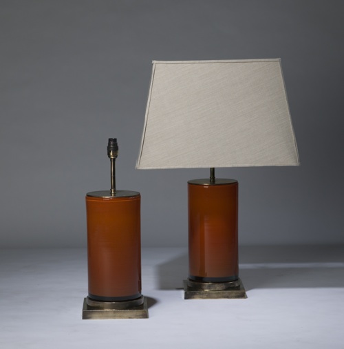 Pair Of Medium Orange 'glass Column' Lamps On Distressed Brass Bases